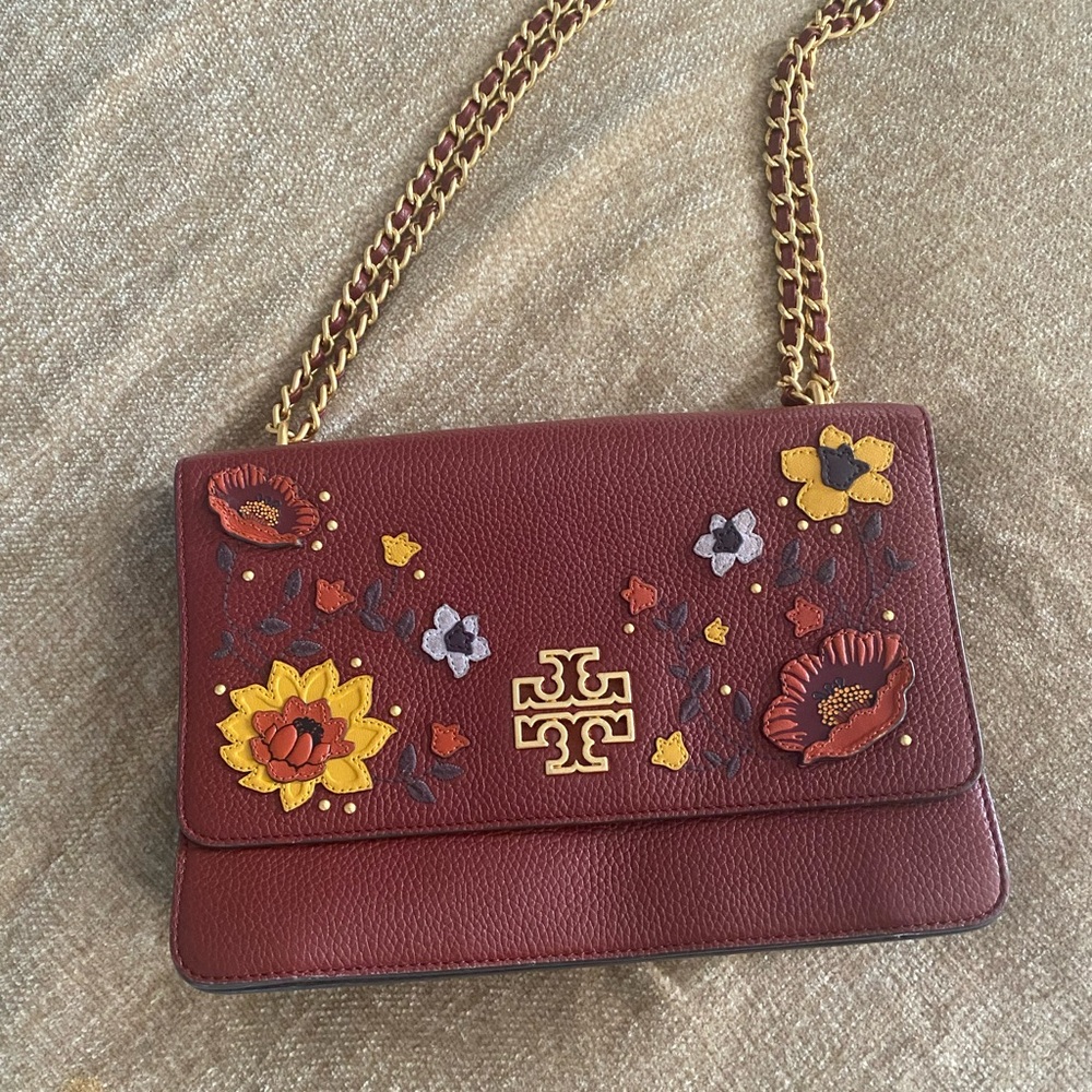 Tory Burch Maroon Floral Crossbody Bag